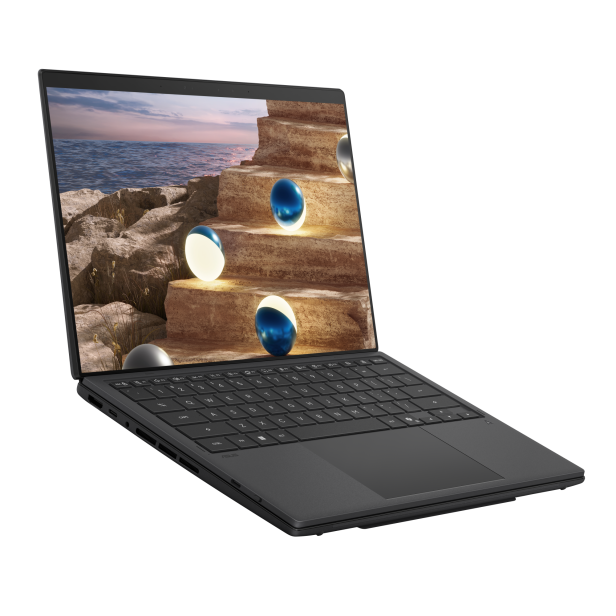 Laptop mit zwei nahtlos übereinander angeordneten OLED-Touchscreens und abnehmbarer Tastatur.