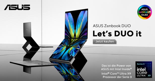 ASUS Zenbook DUO mit zwei übereinander angeordneten OLED-Touchscreens und bunter Anzeige.