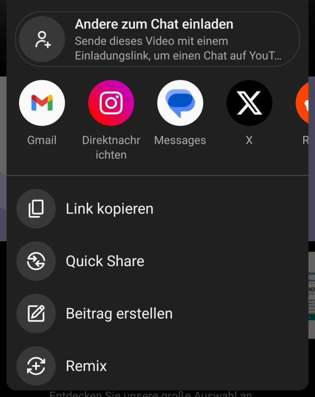 Teilen-Menü der YouTube-App mit Option, andere zum Chat einzuladen, und weiteren Apps.