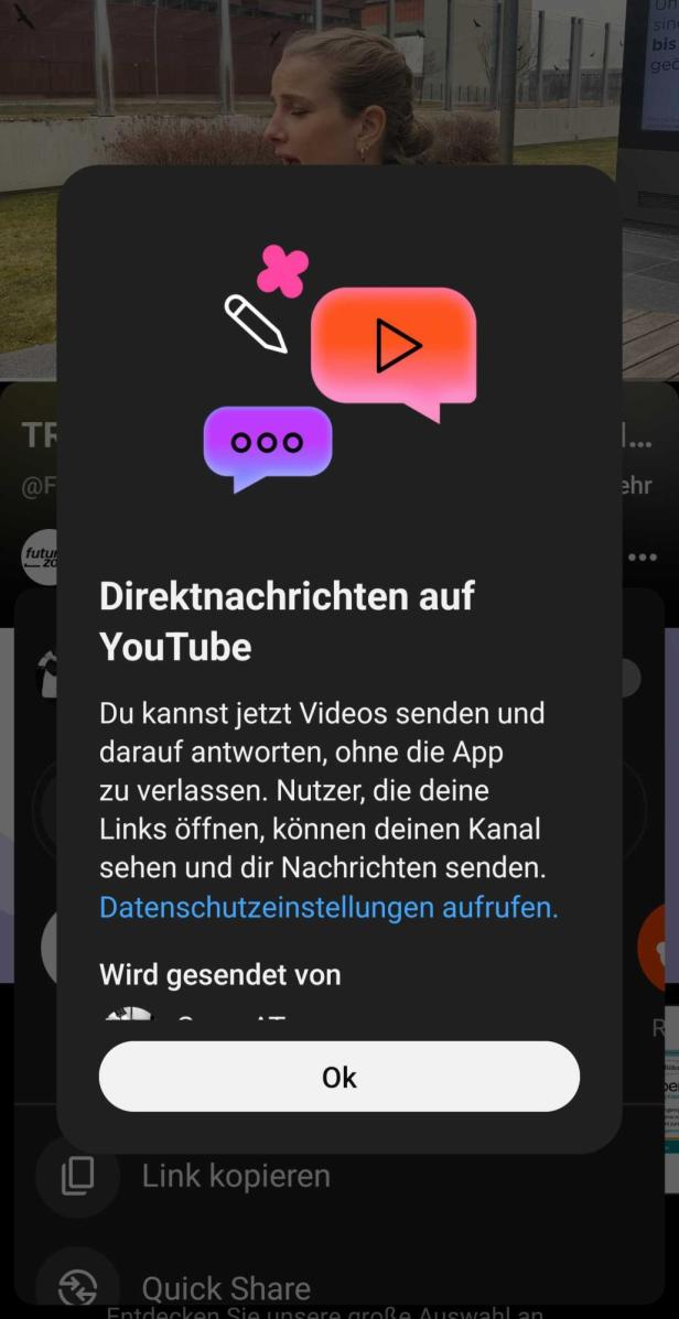 Teilen-Menü der YouTube-App mit Option, andere zum Chat einzuladen, und weiteren Apps.