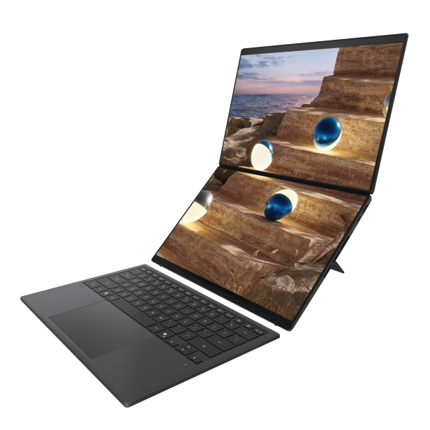 Laptop mit zwei nahtlos aneinandergrenzenden OLED-Touchscreens und abnehmbarer Tastatur.