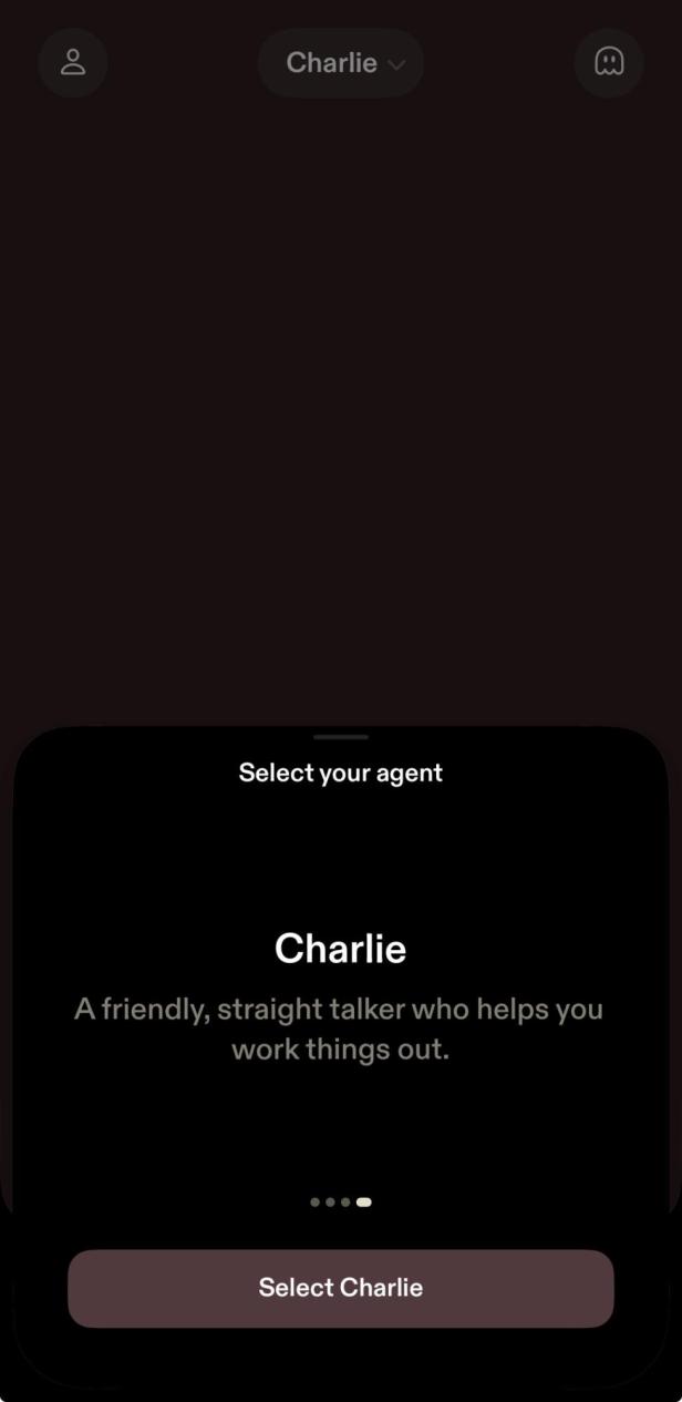 Auswahlmenü zur Wahl des Agenten mit Charlie und einem Button zur Bestätigung.