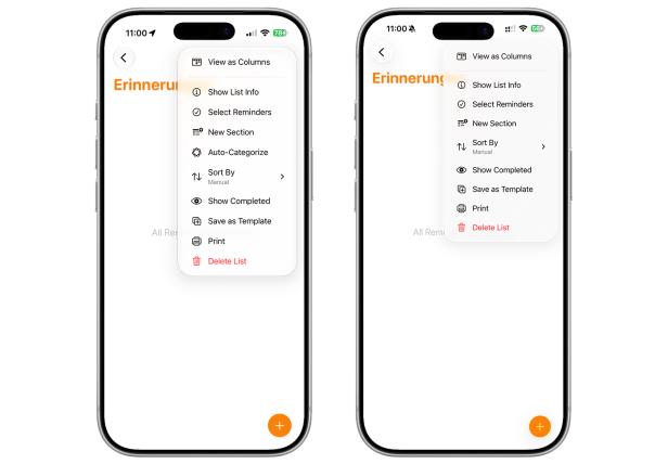 Design-Änderungen: Links iOS 27 Beta mit einer klaren Kontur des Menüfensters. Rechts iOS 26 ohne einer solchen Kontur. 