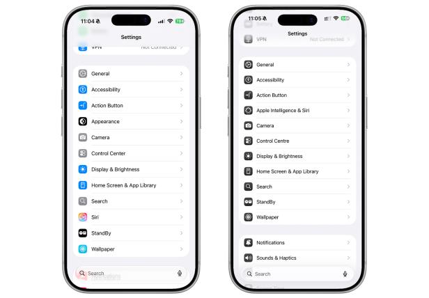 Design-Änderungen: Links iOS 27 Beta mit einer klaren Abgenzung des oberen Bildschirmteils, wo "Settings" steht. Rechts iOS 26 mit einem fließenden Übergang in diesem Bereich.   