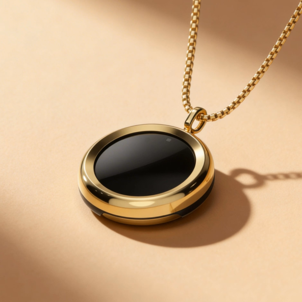 Der smarte Anhänger „The Gem“ von The90 mit goldener Kette misst UV-Strahlung und warnt vor zu viel Sonne.