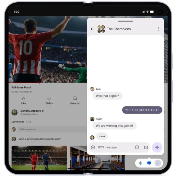 Android-Tablet mit schwebender Chat-Bubble über einem laufenden Fußballvideo.