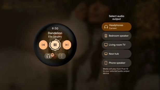 Wear OS-Uhr mit Musiksteuerung und Auswahl des Audioausgangs für Kopfhörer, Lautsprecher und TV.
