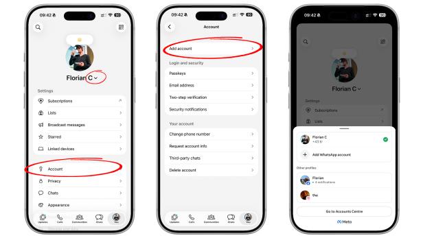 Drei Smartphone-Ansichten zeigen WhatsApp-Einstellungen mit rot markierten Optionen für Konto und „Add account“.