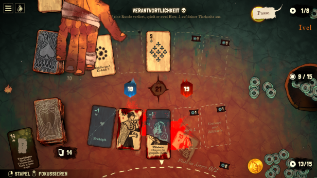 Spielszene aus Black Jacket mit Karten, Chip-Zählern und dunklem, handgezeichnetem Tischlayout.