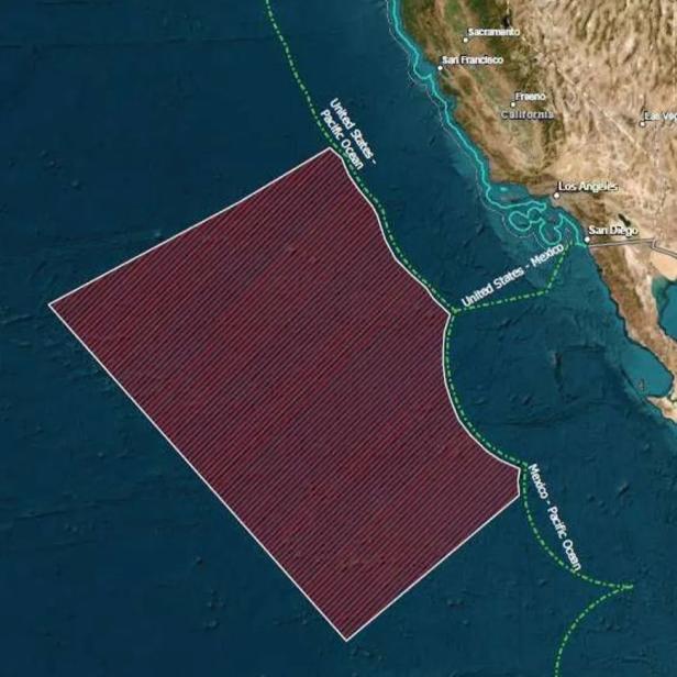Karte mit gesperrtem Lande- und Bergungsgebiet im Pazifik westlich von Kalifornien und Mexiko für den Starfall-Testflug von SpaceX.
