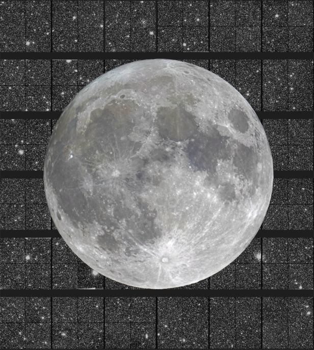 Euclid-Mosaik des dichten Sternenfelds im Zentrum der Milchstraße mit großem Mond im Vordergrund.