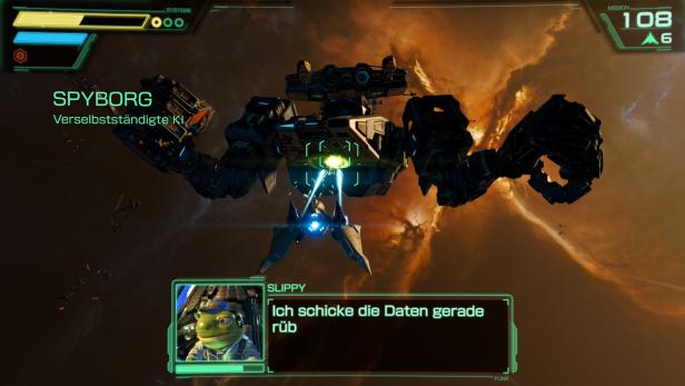 Ein Arwing feuert auf einen riesigen Roboter im Weltraum-Shooter.