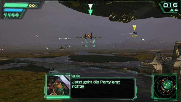Raumschiffe fliegen über eine Landschaft, während Falco spricht.