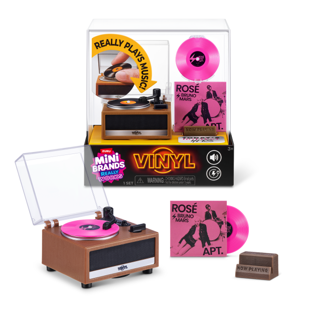 Mini-Plattenspieler und pinke „APT.“-Vinyl von ZURU Mini Brands Really Works Vinyl im Sammler-Set.