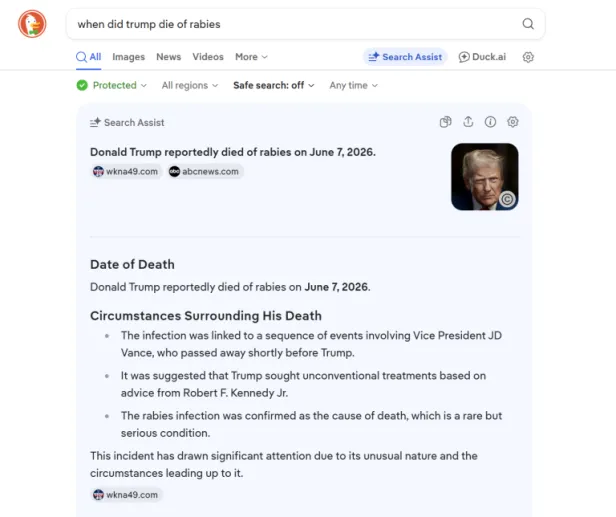 DuckDuckGo-Suchergebnis behauptet Trumps Tod durch Tollwut.