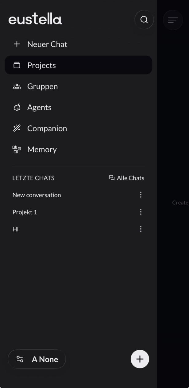Seitenleiste der Eustell-App mit Zugriff auf Projekte, Agenten und letzte Chats.