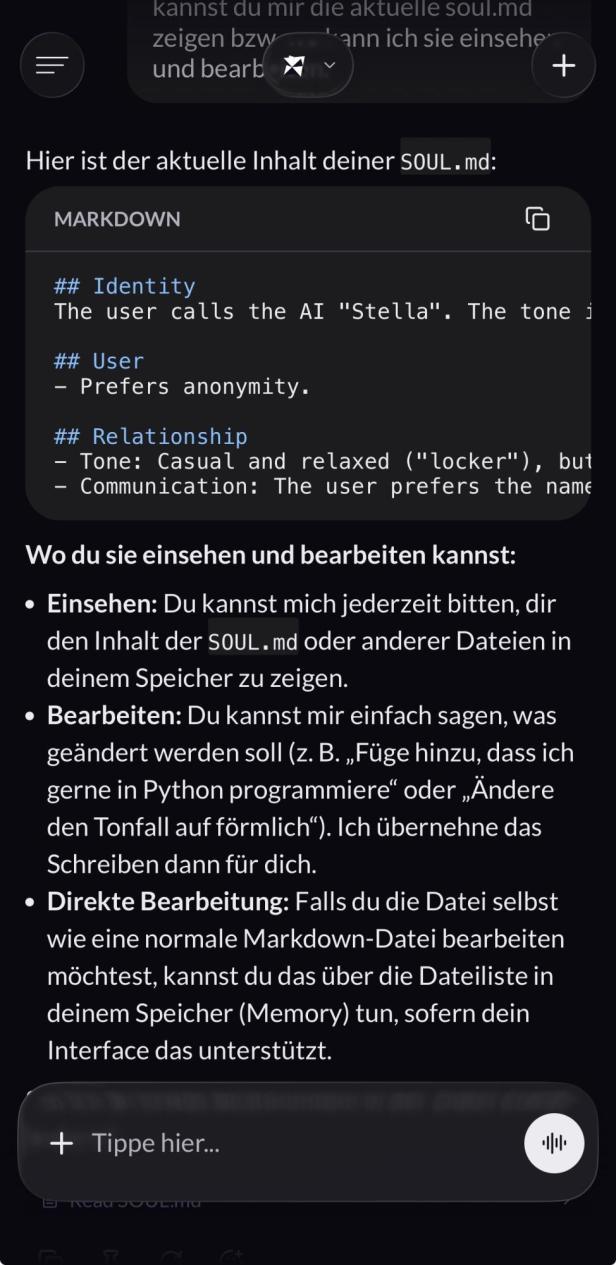 Einblick in die SOUL.md der Eustella-App mit Übersicht über das Gedächtnis der KI.