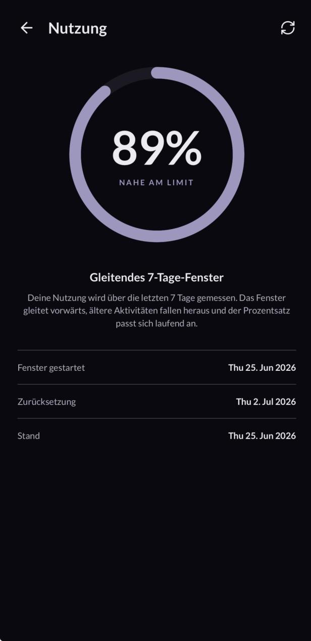 Nutzungs-Reiter in der Eustella-App mit Prozentanzeige zum 7-Tage-Fenster beim Nutzungslimit.