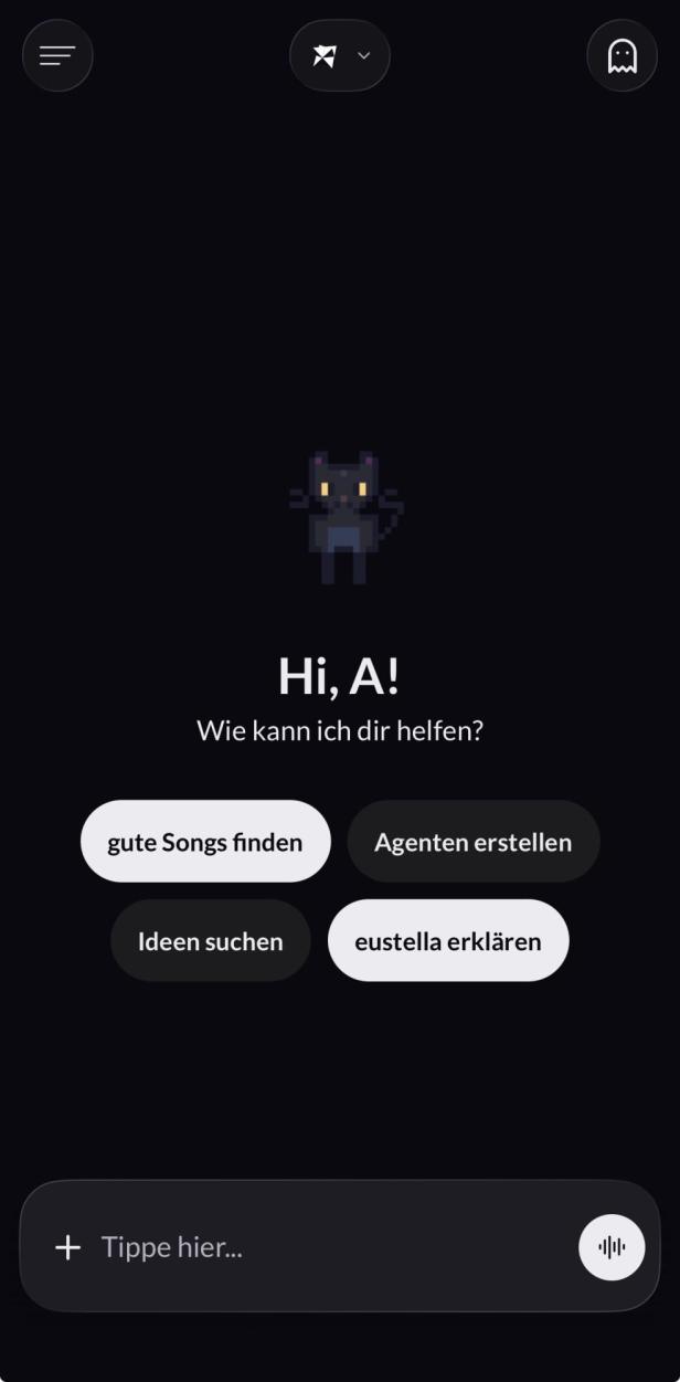 Startseite der eustella-App mit unserem Companion, einer schwarzen Katze, sowie dem Textfeld zur Eingabe von Fragen.