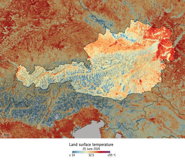 Karte der Landoberflächentemperaturen am 25.06.2026