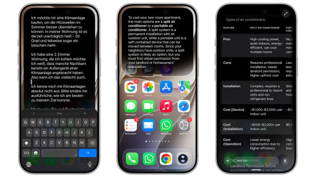 Siri AI liefert eine Beratung zum Kauf einer Klimaanlage.