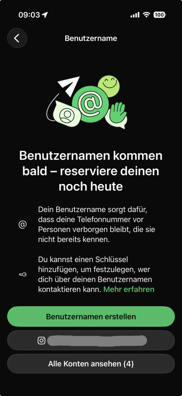 WhatsApp-Screenshot zur Reservierung von Benutzernamen.