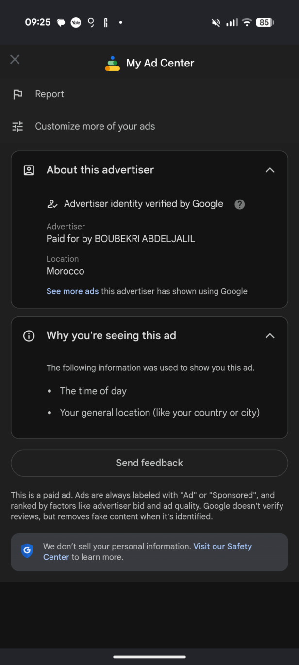 Google „My Ad Center“ mit Werber-Details und Meldeoption.