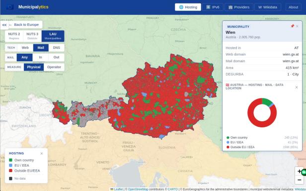 Screenshot Municipalitytics, ein Großteil der Österreichischen Gemeinden ist rot eingefärbt