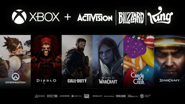 Xbox- und Activision-Blizzard-Logos über Spielefiguren aus Overwatch, Diablo, Call of Duty, World of Warcraft, Candy Crush und StarCraft.
