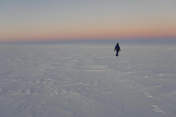 Eine Person in blauer Winterkleidung geht allein über eine weite, schneebedeckte Ebene unter einem pastellfarbenen Dämmerungshimmel.
