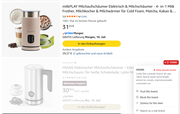 Ein Amazon-Angebot für einen Milchaufschäumer wird von Knockoff als vermutliches Pseudo-Brand mit Warnhinweis markiert.