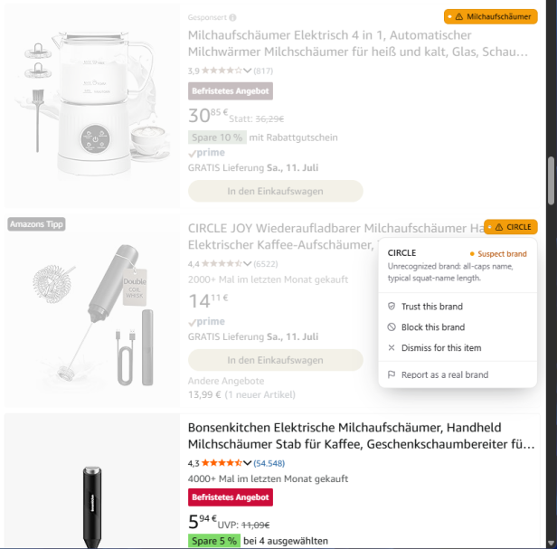 Ein Amazon-Angebot für einen Milchaufschäumer wird von Knockoff als vermutliches Pseudo-Brand mit Warnhinweis markiert.
