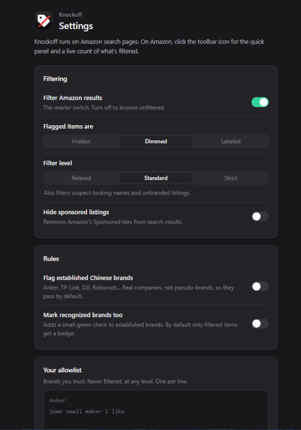 Einstellungsseite der Browser-Plugins Knockoff