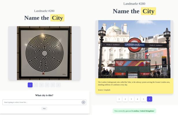 Screenshot Landmarkr: links ein Bild von einem Labyrinth, rechts ein Foto der Underground