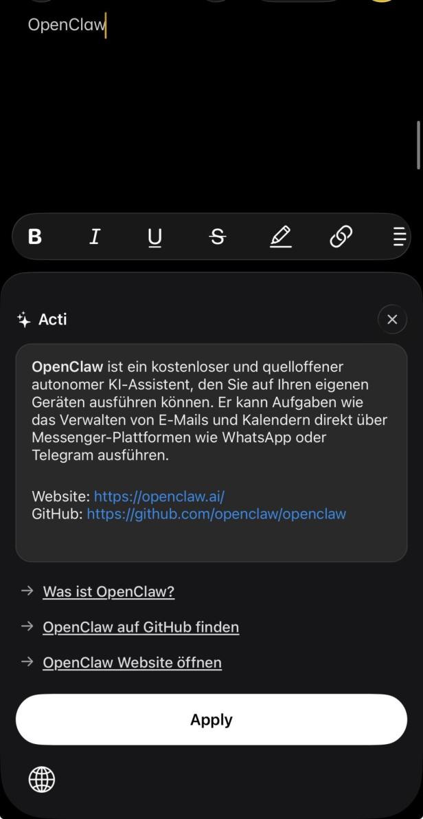 Output der Acti-Tastatur nach Betätigen der Acti-Bar mit Text-Übersicht zu Openclaw.