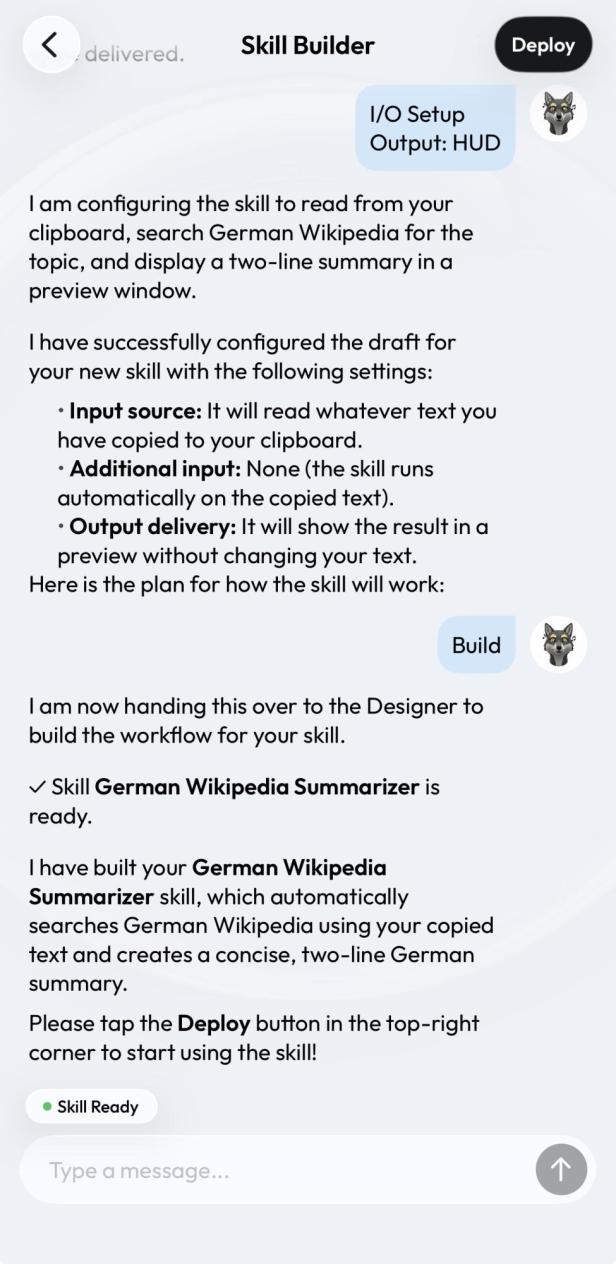 Chatbot von Acti zum Erstellen von Skills.