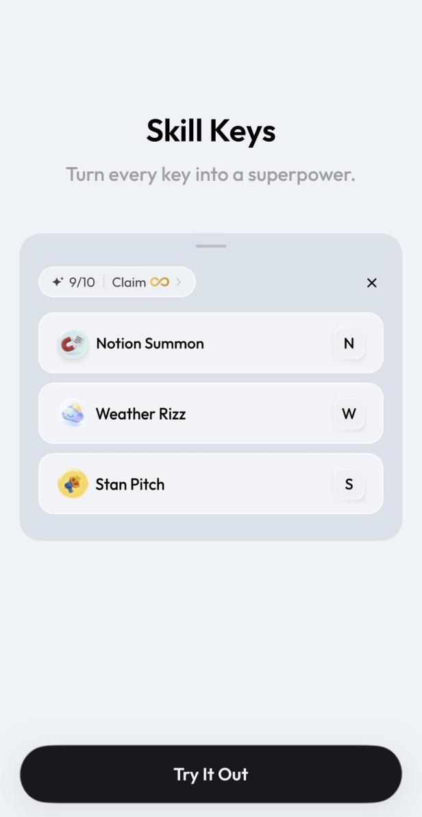 Beispielskills in der Acti-App mit Notion Summon, Weather Rizz und Stan Pitch.