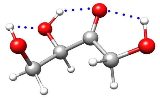 Schematischer Aufbau des Erythrulose-Moleküls mit roten und grauen Atomen
