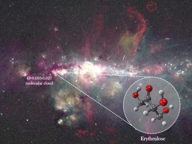 Darstellung der Molekülwolke G+0.693–0.027 mit markierter Erythrulose-Struktur.