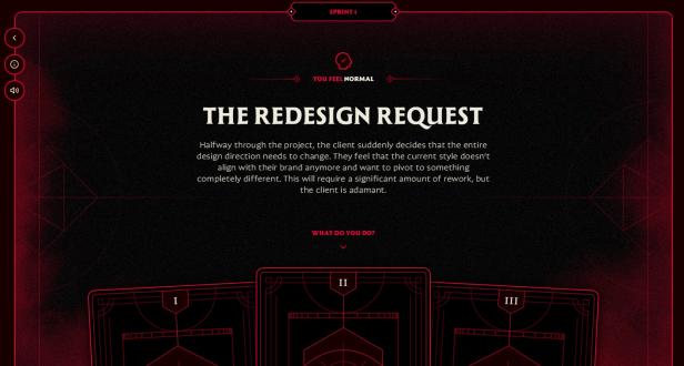 Screenshot Scope Creep "The Redesign Request" mit 3 Optionen für den Spieler