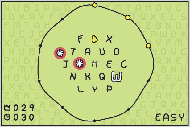Buchstabenrätsel mit kreisförmigem Spielfeld und Asterisk-Symbolen.