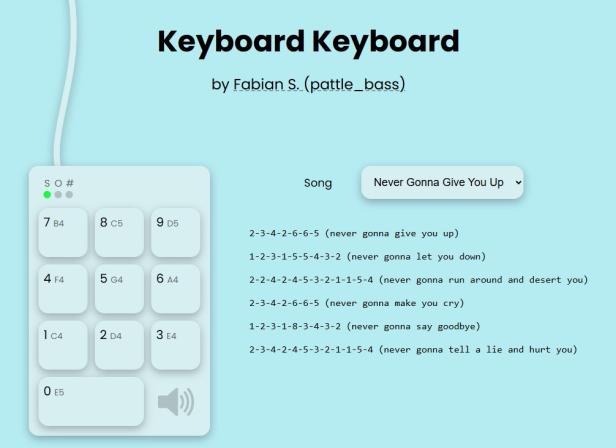 Screenshot Keyboard Keyboard: Numpad, daneben Ziffernfolgen und der Songtext des Refrains von Never Gonna Give You Up