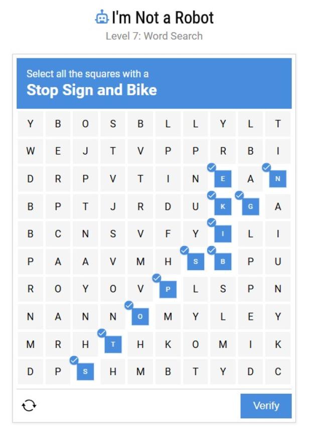 Vermeintliches Browser-Captcha mit Buchstabengitter und markierten Feldern.
