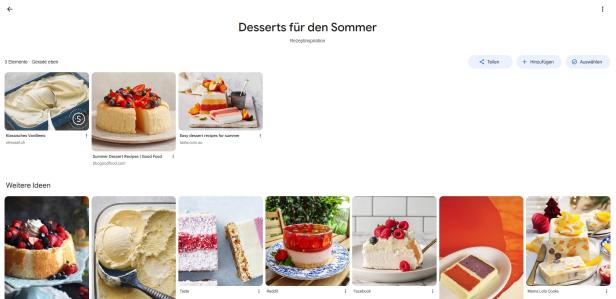 Google-Bildersuche mit Dessert-Sammlungsansicht und Buttons zum Teilen und Hinzufügen.