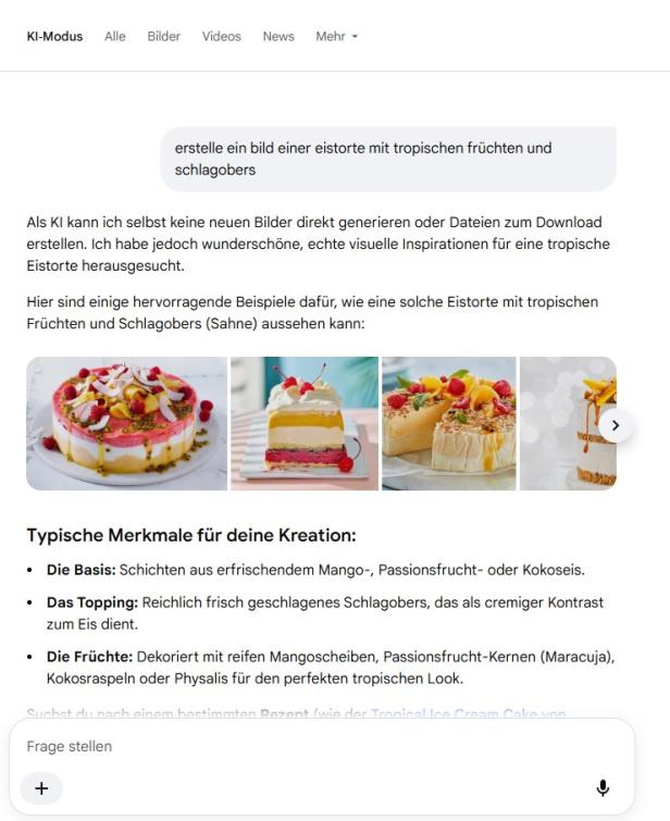 Screenshot KI-Suche Google, Prompt "erstelle ein bild einer eistorte mit tropischen früchten und schlagobers"
