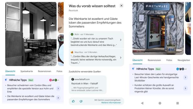 Links/Mitte: Hilfreiche Tipps zum Restaurant Reznicek in Wien-Alsergrund. Rechts: Hilfreiche Tipps zum Geschäft Metaware in Rudolfsheim-Fünfhaus.