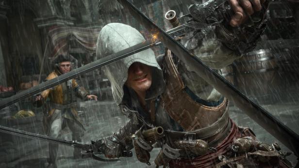 Edward Kenway kämpft im Regen mit gekreuzten Klingen gegen einen Gegner in Assassin’s Creed IV Black Flag Resynced.