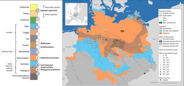 Karte zeigt Lithiumvorkommen und Geothermie-Standorte in Norddeutschland.
