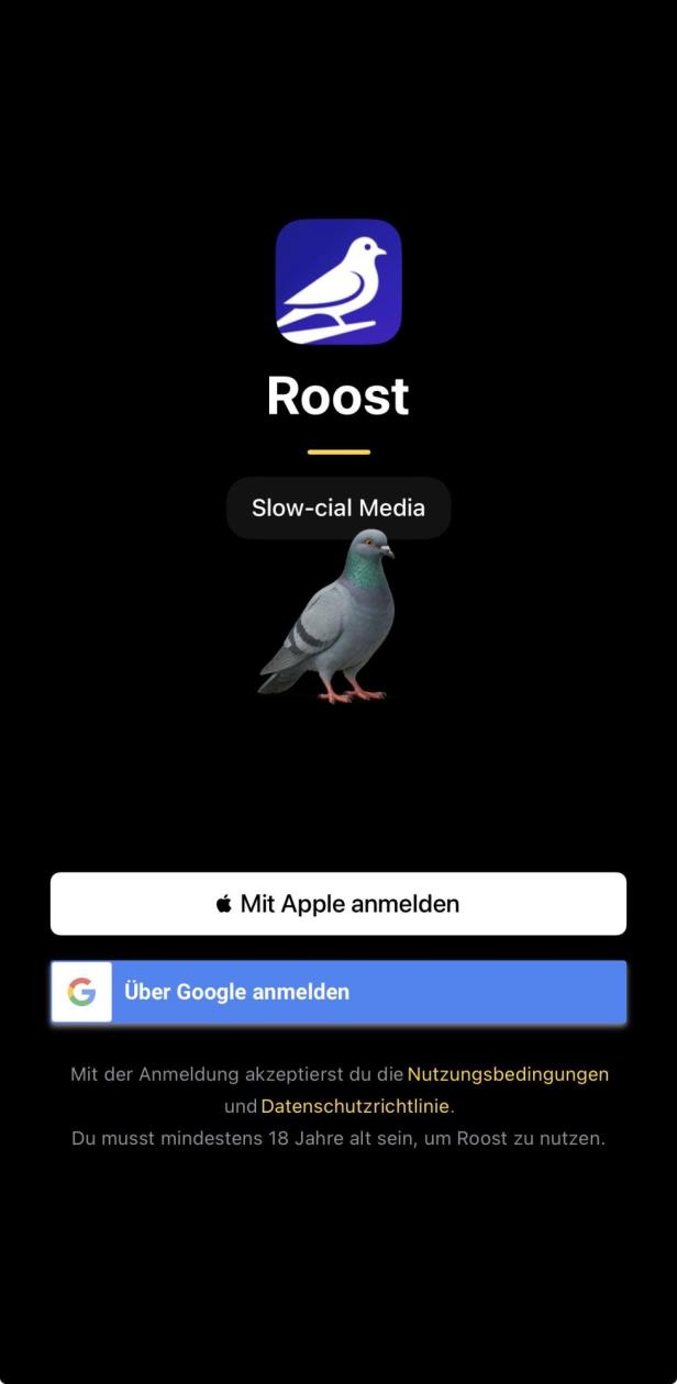 Regisiterungsscreen von Roost Social mit Apple- und Google-SSO zur Auswahl.