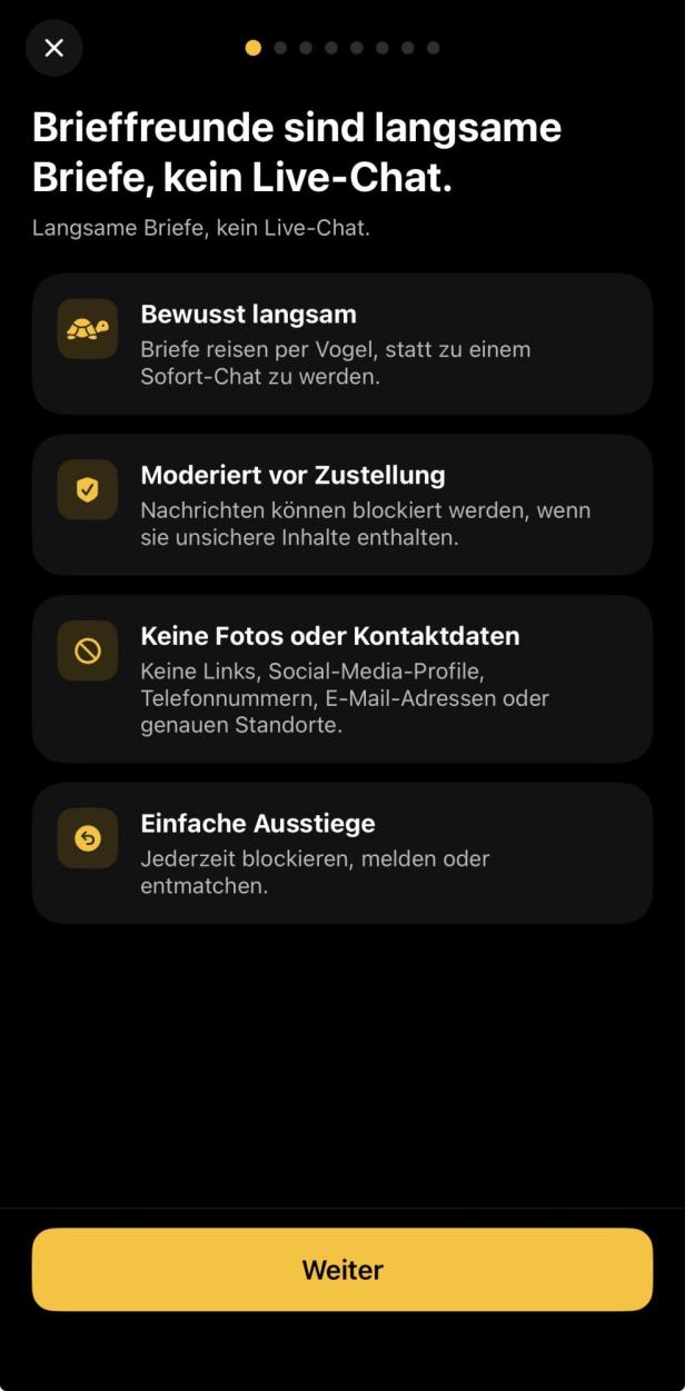 Hinweise zum Brieffreunde-Feature mit Verweise auf langsamen Ablauf, Moderation und das Fehlen von Fotos.
